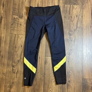 Athleta Black and Blue Leggings with Yellow Accents
